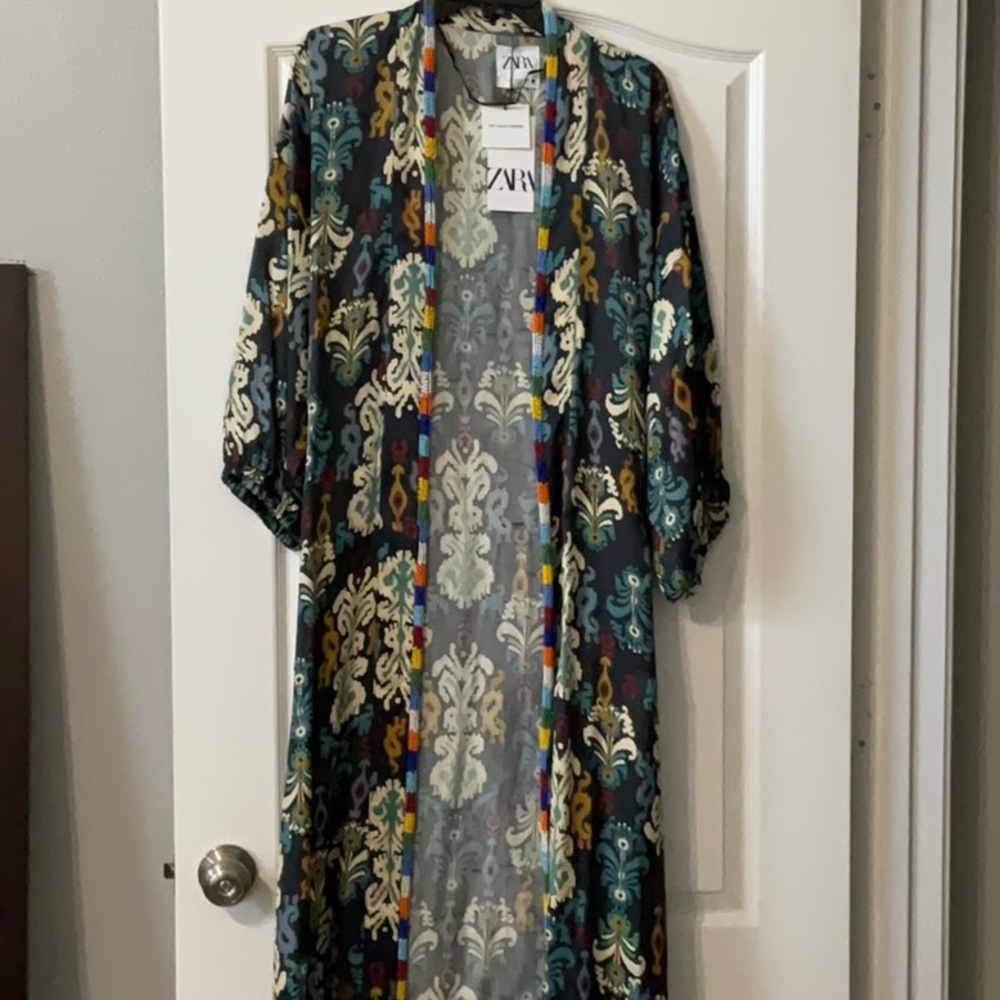Zara Women HaNoi Kimono Floral Print Wrap Belt  Coat Jacket S Navy White Blue S
